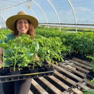 Farmer Angela holding a tray of healthy luscious tomato seedlings