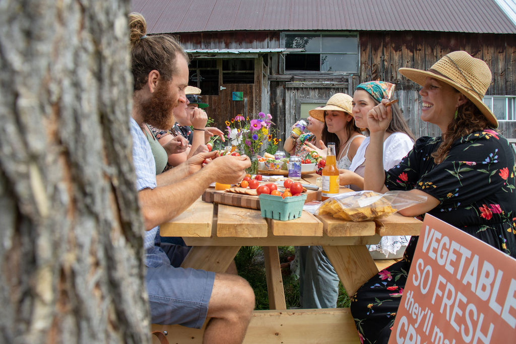 People enjoying food at a BBQ picnic outside farm store