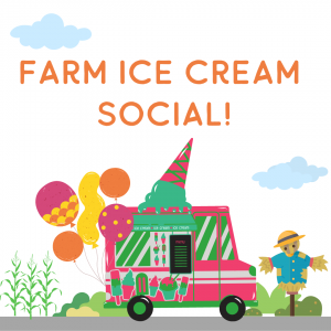 cartoon image of ice cream truck at farm with scarecrow and plants. Ice cream cone dripping on top of ice cream truck.